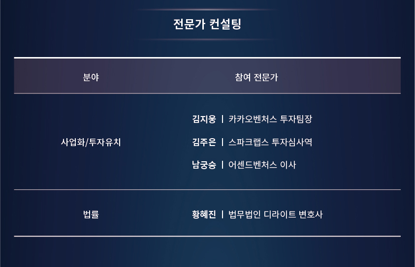 전문가 컨설팅 / 전문가 컨설팅을 분야, 참여전문가로 나타낸 표 / [사업화/투자유치] - 김지웅(카카오벤처스 투자팀장) - 김주은(스파크랩스 투자심사역) - 남궁승(어센드벤처스 이사) / [법률] -황혜진(법무법인 디라이트 변호사)