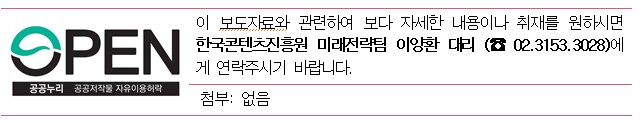 OPEN 이 보도자료와 관련하여 보다 자세한 내용이나 취재를 원하시면 한국콘텐츠진흥원 미래전략팀 이양환 대리 (☎ 02.3153.3028)에게 연락주시기 바랍니다.-첨부없음