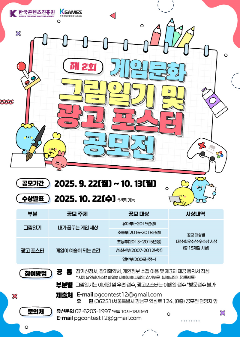 한국콘텐츠진흥원/KOREA CREATIVE CONTENT AGENCY(로고) | KGAMES(로고)/한국게임산업협회 | 제2회 게임문화 그림일기 및 광고 포스터 공모전 | 공모기간:2025.9.22(월) ~ 10. 13(월) | 수상발표:2025. 10. 22(수] *변동 가능 | 부분/공모 주제/공모 대상/시상내역 | 그림일기/내가 꿈꾸는 게임 세상/유아부(~2019년생),초등부(2016-2018년생)/공모 대상별 대상·최우수상-우수상 시상 (총 15개팀 시상) | 광고포스터/게임이 예술이 되는 순간/초등부(2013~2015년생),청소년부(2007-2012년생),일반부(2006년생~)/공모 대상별 대상·최우수상-우수상 시상 (총 15개팀 시상) | 참여방법:공통:참가신청서, 참가확약서, 개인정보 수집 이용 및 제3자 제공 동의서 작성 *서명날인하여 스캔파일로 제출(제출 파일명: 참가부문_(제출자명)_(작품제목)/부분별: 그림일기는 이메일 및 우편 접수, 광고포스터는 이메일 접수 *방문접수 불가/제출처:E-mail pgcontest12@gmail.com 우 편(06251)서울특별시 강남구 역삼로 124, (8층) 공모전 담당자앞 | 문의처:유선문의 02-6203-1997 평일 10시~18시 운영 E-mail pgcontest12@gmail.com