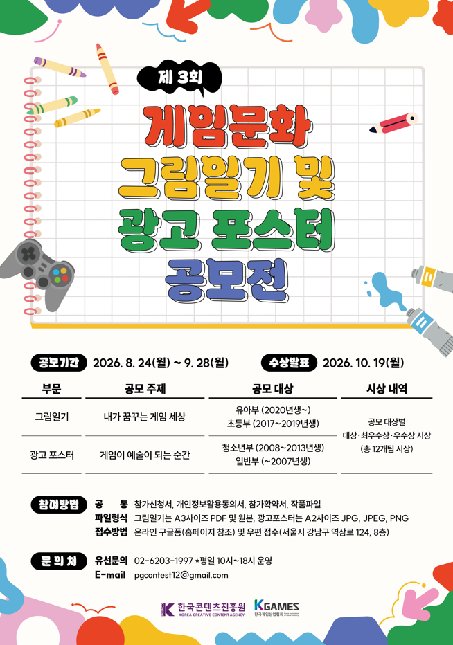 제 3회 게임문화 그림일기 및 광고 포스터 공모전 | 공모기간: 2026.8.24(월) ~ 9. 28(월) | 수상발표: 2026. 10.19(월) | 부문/공모 주제/공모 대상/시상내역으로 나타낸 표 | 그림일기/내가 꿈꾸는 게임 세상/유아부(2020년생~) 초등부(2017~2019년생)/공모대상별 대상&middot;최우수상 &middot; 우수상 시상 (총 12개팀 시상) | 광고포스터/게임이 예술이 되는 순간/청소년부(2008~2013년생) 일반부(~2007년생)/공모대상별 대상&middot;최우수상 &middot; 우수상 시상 (총 12개팀 시상) | 참여방법 | 공 통: 참가신청서, 개인정보활용동의서, 참가확약서, 작품파일 | 파일형식: 그림일기는 A3사이즈 PDF 및 원본, 광고포스터는 A2사이즈 JPG, JPEG, PNG | 접수방법: 온라인 구글폼(홈페이지 참조) 및 우편 접수(서울시 강남구 역삼로 124, 8층) | 문의처 | 유선문의: 02-6203-1997 평일 10시~18시 운영 | E-mail: pgcontest12@gmail.com | 한국콘텐츠진흥원/KOREA CREATIVE CONTENT AGENCY(로고) | KGAMES/한국게임산업협회(로고)