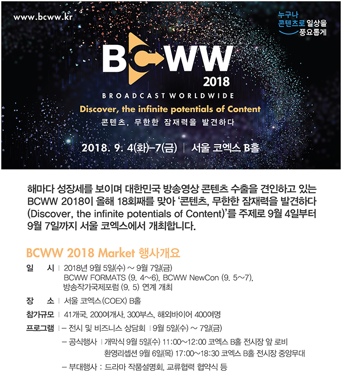 BCWW 2018/Brodadcast world wide/Discover, the infinite potentials of content/콘텐츠, 무한한 잠재력을 발견하다/2018.9.4(화)~7(금)|서울코엑스B홀/해마다 성장세를 보이며 대한민국 방송영상콘텐츠 수출을 견인하고 있는 BCWW 2018이 올해 18회째를 맞아 '콘텐츠, 무한한 잠재력을 발견하다(Discover, the infinite potentials of Content)'를 주제로 9월 4일부터 9월 7일까지 서울 코엑스에서 개최합니다. / BCWW 2018 Market 행사개요 / 일시 : 2018년 9월 5일(수)~9월 7일(금), BCWW FORMATS(9.4~6), BCWW NewCon(9.5~7), 방송작가국제포럼(9.5) 연계개최 / 장소:서울코엑스B홀 / 참가규모 : 41개국, 200여개사, 300부스, 해외바이어 400여명 / 프로그램:-전시 및 비즈니스 상담회 | 9월 5일(수)~7일(금) -공식행사 | 개막식 9월 5일 (수) 11:00~12:00 코엑스 B홀 전시장 앞 로비, 환영리셉션 9월 6일(목) 17:00~18:30 코엑스 B홀 전시장 중앙무대 - 부대행사 : 드라마 작품설명회, 교류협력 협약식 등 