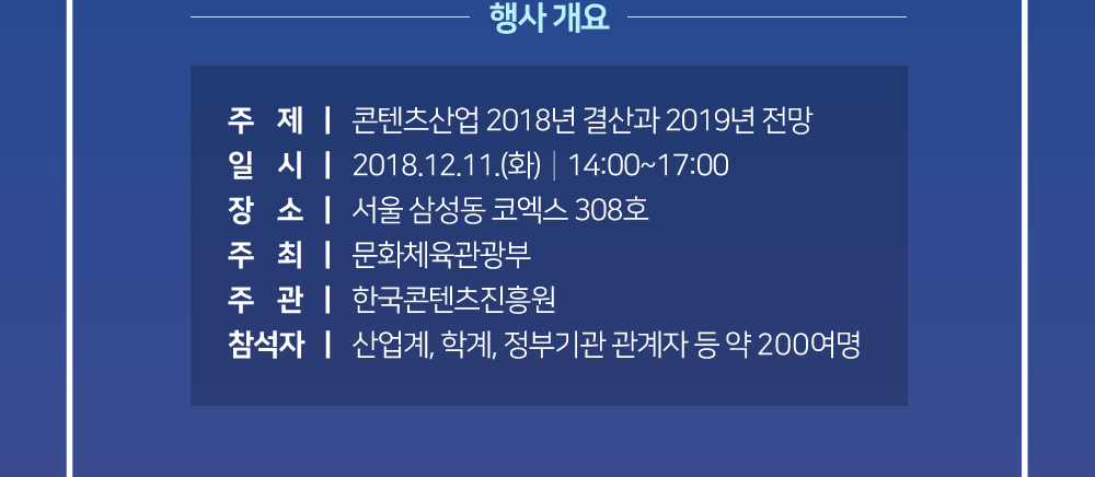 [행사개요] / 주제 : 콘텐츠산업 2018년 결산과 2019년 전망 / 일시 : 2018.12.11(화) 14:00~17:00 / 장소 : 서울 삼성동 코엑스 308호 / 주최 : 문화체육관광부 / 주관 : 한국콘텐츠진흥원 / 참석자 : 산업계, 학계, 정부기관 관계자 등 약 200여명