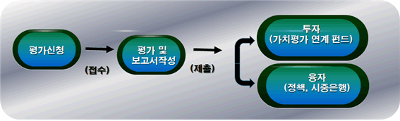 평가신청→평가 및 보고서 작성→투자(가치평가 연계 펀드)/융자(정책, 시중은행)