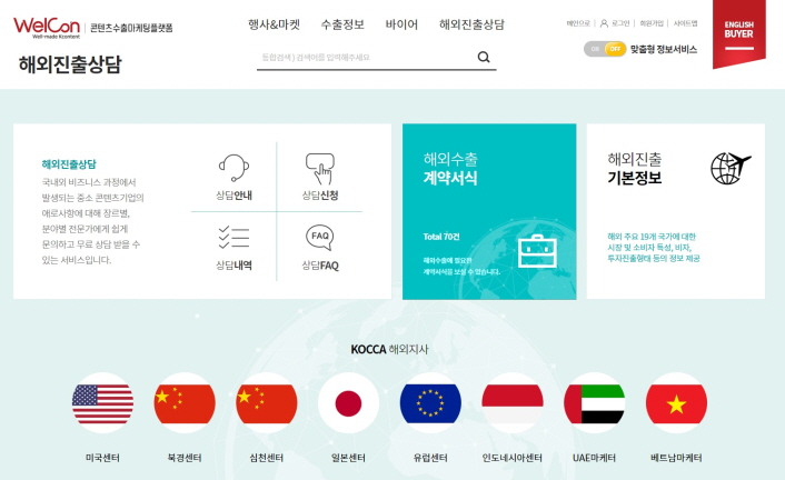 한국콘텐츠진흥원 자체 온라인마케팅플랫폼 ‘웰콘(WelCon)’ 홈페이지(welcon.kocca.kr) / WelCon 콘텐츠수출마케팅플랫폼 / 행사&마켓 / 수출정보 / 바이어 / 해외진출상담 / 메인으로 / 로그인 / 회원가입 / 사이트맵 / ENGLISH BUYER / 해외진출상담 / 통합검색)검색어를 입력해주세요 / 맞춤형정보서비스 / 해외진출상담 : 국내외 비즈니스 과정에서 발생되는 중소 콘텐츠기업의 애로사항에 대해 장르별, 분야별 전문가에게 쉽게 문의하고 무료 상담 받을 수 있는 서비스입니다. / 상담안내 / 상담신청 / 상담내역 / 상담FAQ / 해외수출 계약서식 : total 70건, 해외수출에 필요한 계약 서식을 보실 수 있습니다. / 해외진출 기본정보 : 해외 주요 19개 국가에 대한 시방 및 소비자 특성, 비자, 투자진출형태 등의 정보 제공 / KOCCA 해외지사 : 미국센터, 북경센터, 심천센터, 일본센터, 유럽센터, 인도네시아센터, UAE마케터, 베트남마케터