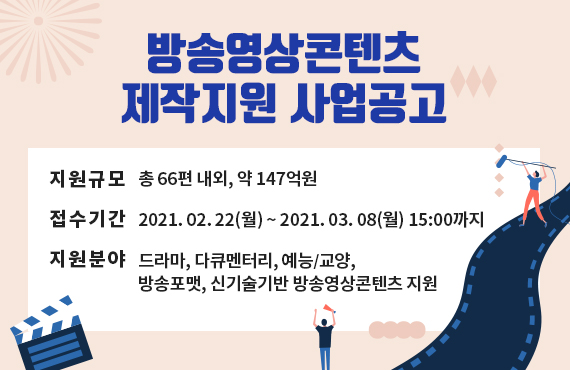 방송영상콘텐츠 제작지원 사업공고 | 지원규모 : 총 66편 내외, 약 147억원 | 접수기간 : 2021. 02. 22(월) ~ 2021. 03. 08(월) 15:00까지 | 지원분야 : 드라마, 다큐멘터리, 예능/교양, 방송포맷, 신기술기반 방송영상콘텐츠 지원