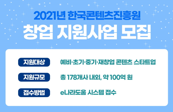 2021년 한국콘텐츠진흥원 창업 지원사업 모집 | 지원대상 : 예비,초기,재창업 콘텐츠 스타트업 | 지원규모 : 통 178개사 내외, 약 100억원 | 접수방법 : e나라도움 시스템 접수