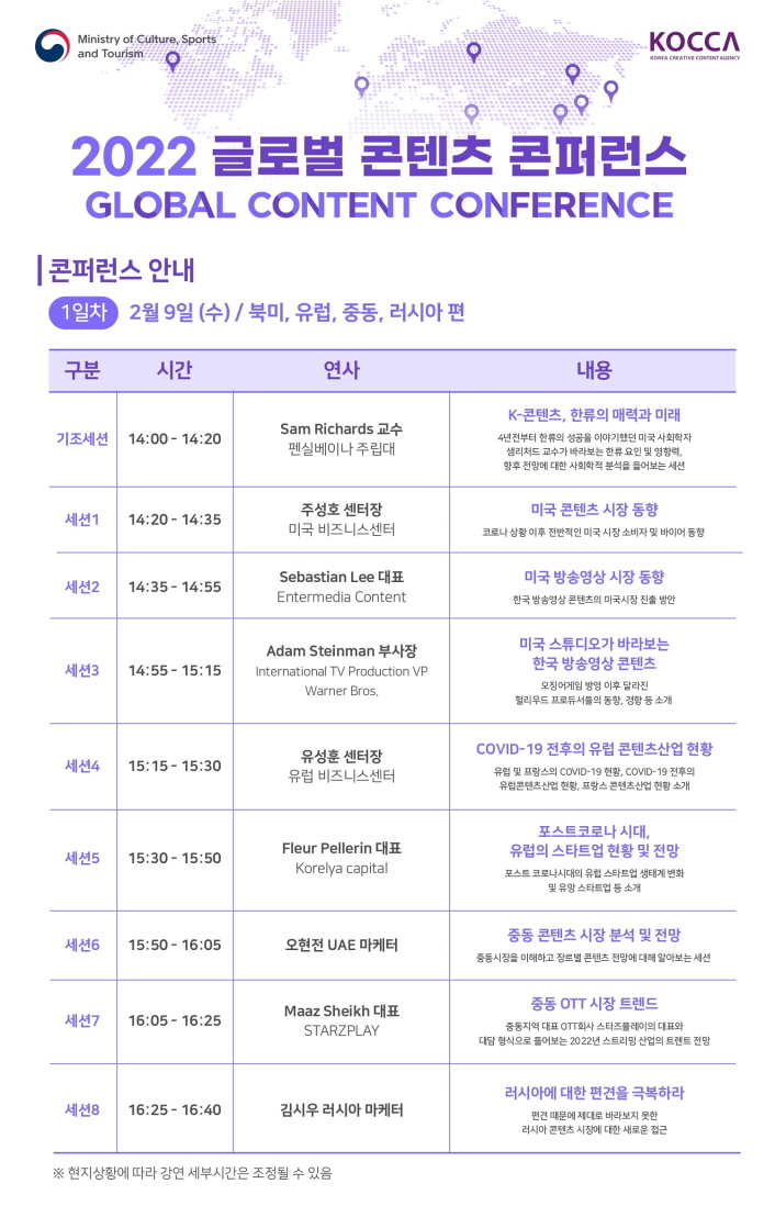 Ministry of Culture, Sports : and Tourism / KOREA CREATIVE CONTENT AGENCY / 2022 글로벌 콘텐츠 콘퍼런스 GLOBAL CONTENT CONFERENCE / 콘퍼런스 안내 1일차 2월 9일 (수) / 북미, 유럽, 중동, 러시아 편 / 구분,시간,연사,내용 순으로 표내용 / 기조세션 / 14:00 - 14:20 / Sam Richards 교수 펜실베이나 주립대 / K-콘텐츠, 한류의 매력과 미래 4년전부터 한류의 성공을 이야기했던 미국 사회학자 샘리처드 교수가 바라보는 한류 요인 및 영향력, 향후 전망에 대한 사회학적 분석을 들어보는 세션 / 세션1 / 14:20 - 14:35 / 주성호 센터장 미국 비즈니스센터 / 미국 콘텐츠 시장 동향 코로나 상황 이후 전반적인 미국 시장 소비자 및 바이어 동향 / 세션2 / 14:35 - 14:55 / Sebastian Lee 대표 Entermedia Content / 미국 방송영상 시장 동향 한국 방송영상콘텐츠의 미국시장 진출 방안 / 세션3 / 14:55 - 15:15 / Adam Steinman 부사장 International TV Production VP Warner Bros. / 미국 스튜디오가 바라보는 한국 방송영상 콘텐츠 오징어게임 방영 이후 달라진 헐리우드 프로듀서들의 동향, 경향 등 소개 / 세션4 / 15:15 - 15:30 / 유성훈 센터장 유럽 비즈니스센터 / COVID-19 전후의 유럽 콘텐츠산업 현황 유럽 및 프랑스의 COVID-19 현황, COVID-19 전후의 유럽콘텐츠산업 현황, 프랑스 콘텐츠산업 현황 소개 / 세션5 / 15:30 - 15:50 / Fleur Pellerin 대표 Korelya capital / 포스트코로나 시대, 유럽의 스타트업 현황 및 전망 포스트 코로나시대의 유럽 스타트업 생태계 변화 및 유망 스타트업 등 소개 / 세션6 / 15:50 - 16:05 / 오현전 UAE 마케터 / 중동 콘텐츠 시장 분석 및 전망 중동시장을 이해하고 장르별 콘텐츠 전망에 대해 알아보는 세션 / 세션7 / 16:05 - 16:25 / Maaz Sheikh 대표 STARZPLAY / 중동 OTT 시장 트렌드 중동지역 대표 OTT회사 스타즈플레이의 대표와 대담 형식으로 들어보는 20 22년 스트리밍 산업의 트렌트 전망 / 세션8 / 16:25 - 16:40 / 김시우 러시아 마케터 / 러시아에 대한 편견을 극복하라 편견 때문에 제대로 바라보지 못한 러시아 콘텐츠 시장에 대한 새로운 접근 / ※ 현지상황에 따라 강연 세부시간은 조정될 수 있음