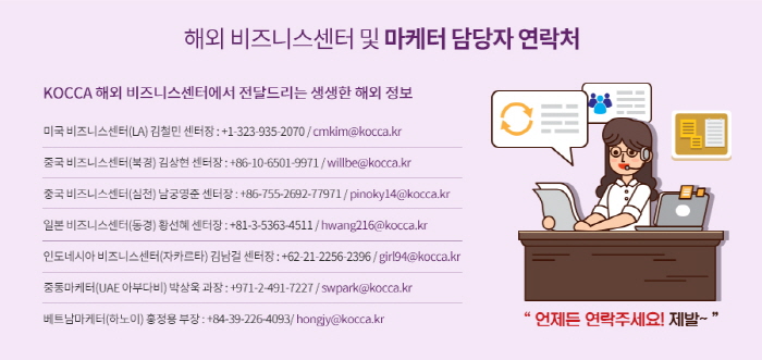 해외 비즈니스센터 및 마케터 담당자 연락처, KOCCA 해외 비즈니스센터에서 전달드리는 생생한 해외 정보, 미국 비즈니스센터(LA) 김철민 센터장 : +1-323-935-2070 / cmkim@kocca.kr , 중국 비즈니스센터(북경) 김상현 센터장 : +86-10-6501-9971 / willbe@kocca.kr , 중국 비즈니스센터(심천) 남궁영준 센터장 : +86-755-2692-77971 / pinoky14@kocca.kr , 일본 비즈니스센터(동경) 황선혜 센터장 : +81-3-5363-4511 / hwang216@kocca.kr , 인도네시아 비즈니스센터(자카르타) 김남걸 센터장 : +62-21-2256-2396 / girl94@kocca.kr , 중동마케터(UAE 아부다비) 박상욱 과장 : +971-2-491-7227 / swpark@kocca.kr , 베트남마케터(하노이) 홍정용 부장 : +84-39-226-4093/ hongjy@kocca.kr , 언제든 연락주세요! 제발~
