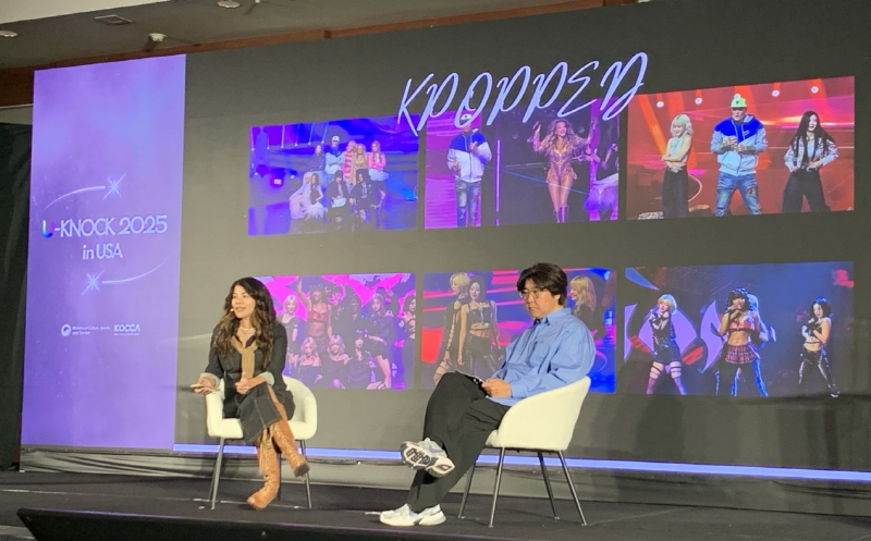 사진 2. 5일 로우스 할리우드 호텔에서 열린 ‘콘텐츠금융포럼’에서 미국 유레카 프로덕션의 잔 아루주비아가(Jeanne Aruzubiaga), CJ ENM 김기웅 PD가 두 번째 기조연설을 진행하고 있다. 