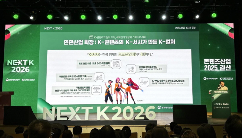 사진 5. 17일 서울 코엑스에서 열린 ‘NEXT K 2026’에서 2025년 결산을 발표하고 있다.(콘진원 송진 콘텐츠산업정책연구센터장)