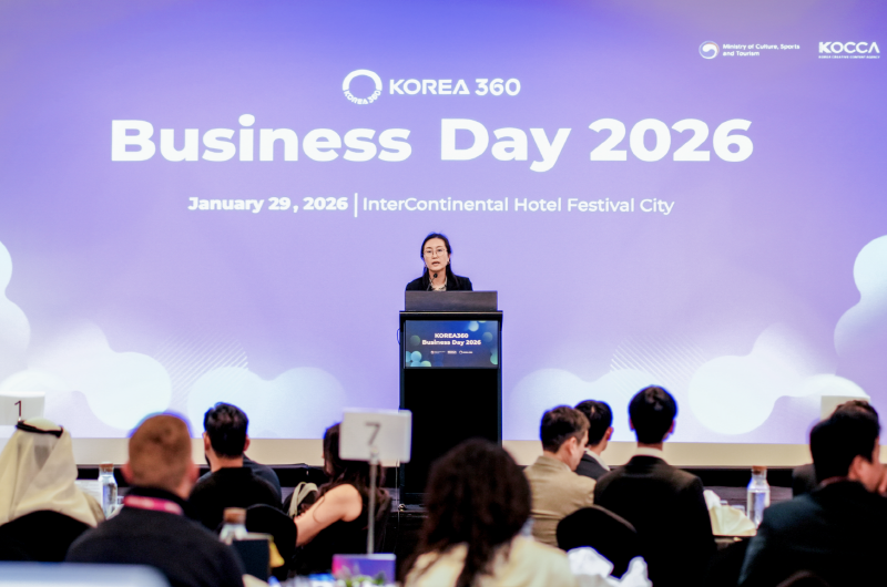 사진1. 콘진원은 아랍에미리트 두바이 인터컨티넨탈 호텔 페스티벌시티에서 1월 29일 ‘2026 코리아360 비즈니스데이’를 성공적으로 개최했다. (박유리 주두바이대한민국총영사관 부총영사 축사)