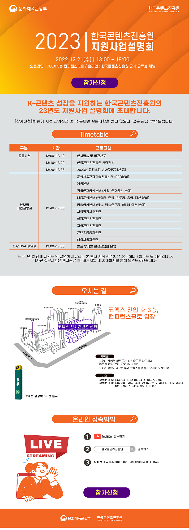 문화체육관광부 로고 | 한국콘텐츠진흥원/KOREA CREATIVE CONTENT AGENCY 로고 | 20231 화국콘텐츠진흥원 지원사업설명회 | 2022.12.21(수) | 13:00 ~ 18:00 | 오프라인 : COEX 3층 컨퍼런스 E홀 / 온라인 : 한국콘텐츠진흥원 공식 유튜브 채널 | 참가신청 버튼 | K-콘텐츠 성장을 지원하는 한국콘텐츠진흥원의 23년도 지원사업 설명회에 초대합니다. | [참가신청]을 통해 사전 참가신청 및 각 분야별 질문사항을 받고 있으니, 많은 관심 부탁 드립니다. | Timetable | Timetable을 구분, 시간, 프로그램으로 나타낸 표 | ※ 프로그램별 상세 시간표 및 설명회 자료집은 본 행사 시작 전 (12.21.(월) 13시) 업로드 될 예정입니다. (사전 질문사항은 행사종료 후, 빠른시일 내 홈페이지를 통해 답변드리겠습니다) | 오시는 길 | 코엑스 전시컨벤션 센터 오시는 길 이미지 | 코엑스 진입 후 3층, 컨퍼런스홀로 입장 | 2호선 삼성역 5,6번 출구 이미지 | 2호선 삼성역 5,6번 출구 | 지하철 / - 2호선 삼성역 5번 또는 6번 출구로 나오셔서 봉은사 방향으로 도보 10~15분 / - 9호선 봉은사역 7번출구 코엑스몰로 들어오셔서 도보 3분 | 버스 / - 무역센터 A: 143,2413, 4419,9414,9507,9607 / - 무역센터 B: 146, 301, 352, 401, 2415, 3217, 3411, 3412, 3414, 4318, 9407, 9414, 9507, 9607 | 온라인 접속방법 | 1. YouTube 접속하기 | 2. 한국콘텐츠진흥원 검색하기 | 3. 실시간 메뉴 클릭하여 '2023 지원사업설명회' 시청하기 | 참가신청 버튼 | 문화체육관광부 로고 | 한국콘텐츠진흥원/KOREA CREATIVE CONTENT AGENCY 로고