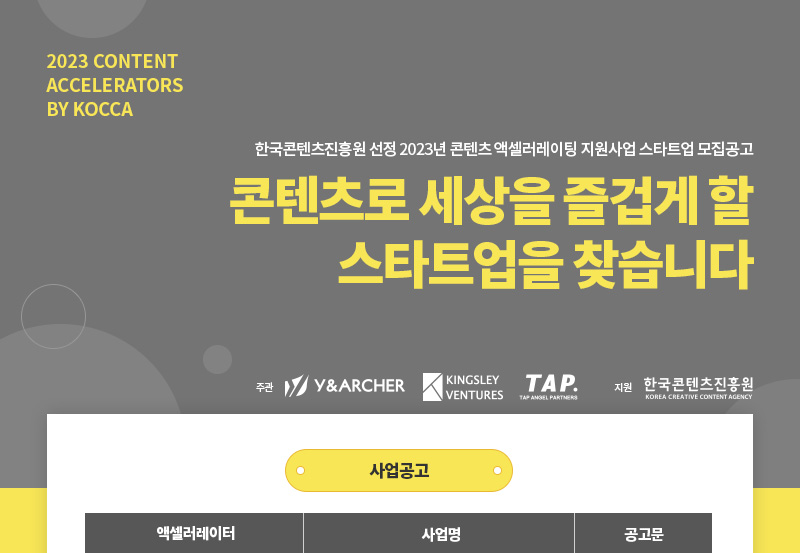 2023 content Accelerators by kocca | 한국콘텐츠진흥원 선정 2023년 콘텐츠 액셀러레이팅 지원사업 스타트업 모집공고 | 콘텐츠로 세상을 즐겁게 할 스타트업을 찾습니다 | 주관 | 와이앤아처(로고) | 킹슬리벤처스(로고) | 탭엔젤파트너스(로고) 지원 | 한국콘텐츠진흥원/Korea Creative Content Agency(로고) | 사업공고 | 액셀러레이터, 사업명, 공고문으로 나타낸 표