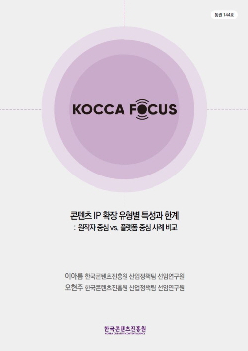 통권144호 | KOCCA FOCUS | 콘텐츠 IP 확장유형별특성과한계 : 원작자 중심 vs. 플랫폼 중심 사례 비교 | 이아름 한국콘텐츠진흥원 산업정책팀 선임연구원 오현주 한국콘텐츠진흥원 산업정책팀 선임연구원 | 한국콘텐츠진흥원 KOREA CREATIVE CONTENT AGENCY 로고