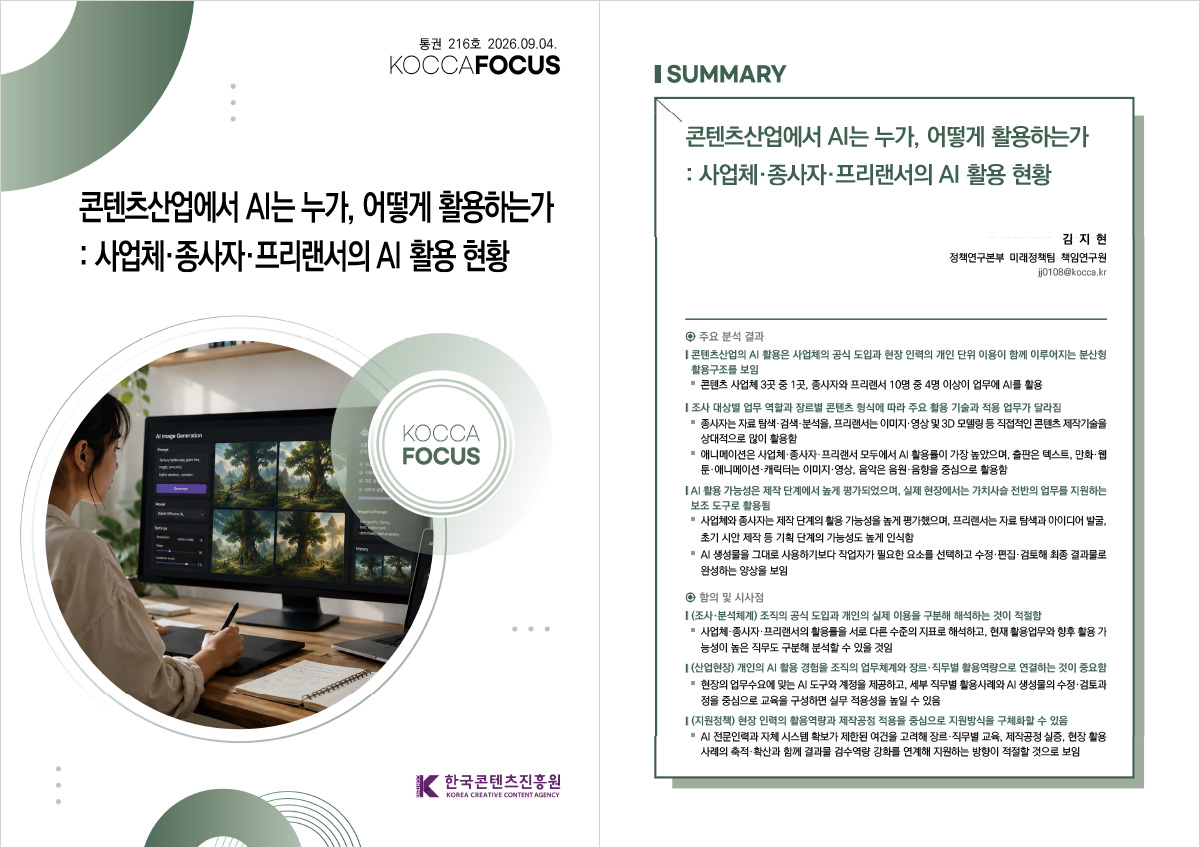 통권 216호 2026.09.04. | KOCCAFOCUS | 콘텐츠산업에서 AI는 누가, 어떻게 활용하는가 : 사업체·종사자·프리랜서의 AI 활용 현황 | KOCCA FOCUS | 한국콘텐츠진흥원/KOREA CREATIVE CONTENT AGENCY(로고) | SUMMARY | 콘텐츠산업에서 AI는 누가, 어떻게 활용하는가 : 사업체·종사자·프리랜서의 AI 활용 현황 | 김 지 현 정책연구본부 미래정책팀 책임연구원 jj0108@kocca.kr | 주요 분석 결과 | 콘텐츠산업의 AI 활용은 사업체의 공식 도입과 현장 인력의 개인 단위 이용이 함께 이루어지는 분산형 활용구조를 보임 ●콘텐츠 사업체 3곳 중 1곳, 종사자와 프리랜서 10명 중 4명 이상이 업무에 AI를 활용 | 조사 대상별 업무 역할과 장르별 콘텐츠 형식에 따라 주요 활용 기술과 적용 업무가 달라짐 ●종사자는 자료 탐색·검색·분석을, 프리랜서는 이미지·영상 및 3D 모델링 등 직접적인 콘텐츠 제작기술을 상대적으로 많이 활용함 ●애니메이션은 사업체·종사자·프리랜서 모두에서 AI 활용률이 가장 높았으며, 출판은 텍스트, 만화·웹툰·애니메이션·캐릭터는 이미지·영상, 음악은 음원·음향을 중심으로 활용함 | AI 활용 가능성은 제작 단계에서 높게 평가되었으며, 실제 현장에서는 가치사슬 전반의 업무를 지원하는 보조 도구로 활용됨 ●사업체와 종사자는 제작 단계의 활용 가능성을 높게 평가했으며, 프리랜서는 자료 탐색과 아이디어 발굴, 초기 시안 제작 등 기획 단계의 가능성도 높게 인식함 ●AI 생성물을 그대로 사용하기보다 작업자가 필요한 요소를 선택하고 수정·편집·검토해 최종 결과물로 완성하는 양상을 보임 | 함의 및 시사점 | (조사·분석체계) 조직의 공식 도입과 개인의 실제 이용을 구분해 해석하는 것이 적절함 ●사업체·종사자·프리랜서의 활용률을 서로 다른 수준의 지표로 해석하고, 현재 활용업무와 향후 활용 가능성이 높은 직무도 구분해 분석할 수 있을 것임 | (산업현장) 개인의 AI 활용 경험을 조직의 업무체계와 장르·직무별 활용역량으로 연결하는 것이 중요함 ●현장의 업무수요에 맞는 AI 도구와 계정을 제공하고, 세부 직무별 활용사례와 AI 생성물의 수정·검토과정을 중심으로 교육을 구성하면 실무 적용성을 높일 수 있음 | (지원정책) 현장 인력의 활용역량과 제작공정 적용을 중심으로 지원방식을 구체화할 수 있음 ●AI 전문인력과 자체 시스템 확보가 제한된 여건을 고려해 장르·직무별 교육, 제작공정 실증, 현장 활용사례의 축적·확산과 함께 결과물 검수역량 강화를 연계해 지원하는 방향이 적절할 것으로 보임