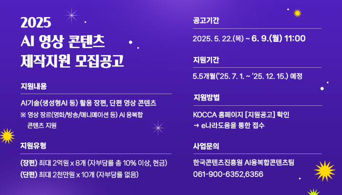 2025년 AI 영상 콘텐츠 제작지원 모집공고
지원내용 : ai기술(생성형 ai 등) 활용 장편, 단편 영상 콘텐츠
※ 영상 장르(영화/방송/애니메이션 등) ai 융복합 콘텐츠 지원
지원유형 : (장편) 최대 2억원x8개(자부담률 총 10% 이상, 현금)
(단편) 최대 2천만원x10개(자부담률 없음)
공고기간 : 2025.5.22.(목) ~ 6.9.(월) 11:00
지원기간 : 5.5개월('25.7.1. ~ '25.12.15.)예정
지원방법 : kocca홈페이지(지원공고)확인 후 e나라도움을 통한 접수
사업문의 : 한국콘텐츠진흥원 ai융복합콘텐츠팀 061-900-6352,6356