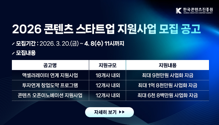 한국콘텐츠진흥원 로고.
2026 콘텐츠 스타트업 지원사업 참가사 모집
모집기간: 2026. 3. 20.(금) ~ 4. 8(수) 11시까지
모집내용:
(공고명) 액셀러레이터 연계 지원사업, (지원규모) 18개사 내외, (지원내용) 최대 9천만원 사업화 자금
(공고명) 투자연계 창업도약 프로그램, (지원규모) 12개사 내외, (지원내용) 최대 1억 8천만원 사업화 자금
(공고명) 콘텐츠 오픈이노베이션 지원사업, (지원규모) 12개사 내외, (지원내용) 최대 6천 8백만원 사업화 자금
자세히 보기