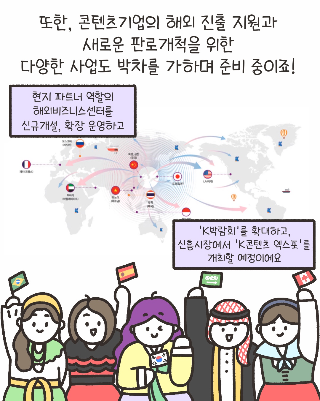 또한, 콘텐츠기업의 해외 진출과 새로운 판로개척을 위한 다양한 사업도 박차를 가하며 준비 중이죠!
‘현지 파트너 역할의 해외비즈니스센터를 신규 개설, 확장 운영하고 ‘K박람회’를 확대하고 신흥 시장에서 ‘K콘텐츠 엑스포’를 개최할 예정이에요