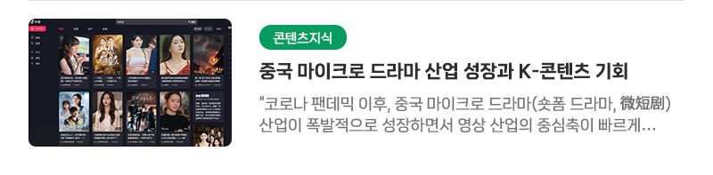 [콘텐츠지식] 중국 마이크로 드라마 산업 성장과 K-콘텐츠 기회 | '코로나 팬데믹 이후, 중국 마이크로 드라마(숏폼 드라마, 微短剧) 산업이 폭발적으로 성장하면서 영상 산업의 중심축이 빠르게 재편되고 있다. 플랫폼의 진화, AI 기반 기술혁신, 소비구조의 변화 그리고 규제정책의 업그레이드가 동시에 작동하면서 마이크로 콘텐츠 산업 전반은 더 이상 단기적인 문화적 유행이 아닌 국가 주요 전략 산업으로 자리 잡았다. 이러한 변화와 함께, 최근 한중 양국 관계가 재조정 국면에 접어들면서 K-콘텐츠의 중국 재진출 가능성이 확대되고 있다. 급변하는 환경 속에서 K-콘텐츠가 중국 시장 재진출에 성공하려면 어떻게 해야 할까? 본 글은 이러한 질문에 답하기 위해 중국 마이크로 드라마 산업의 성장 배경, 산업 생태계에 대한 분석을 중심으로 K-콘텐츠가 활용 가능한 기회와 과제를 제시하고자 한다.'