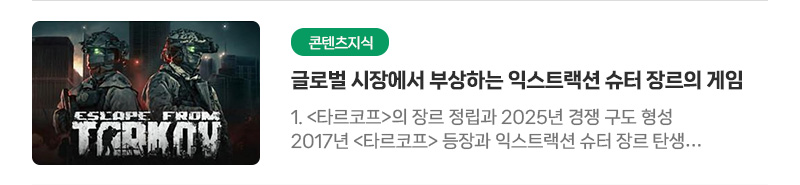 [콘텐츠지식] 글로벌 시장에서 부상하는 익스트랙션 슈터 장르의 게임 | 1.〈타르코프〉의 장르 정립과 2025년 경쟁 구도 형성. 2017년〈타르코프〉등장과 익스트랙션 슈터 장르 탄생. 2017년 등장한〈이스케이프 프롬 타르코프〉(이하〈타르코프〉)는 죽으면 장비를 잃는 극한의 긴장감과 전리품을 얻고 탈출해야 하는 독특한 게임플레이로 익스트랙션 슈터 장르를 정립했다. 플레이어는 매 라운드 목숨을 걸고 맵에 투입되어 무기와 물자를 약탈하고, 맵 어딘가의 탈출(익스트랙션) 지점으로 무사히 빠져나와야 획득한 아이템을 영구 보유할 수 있다. 