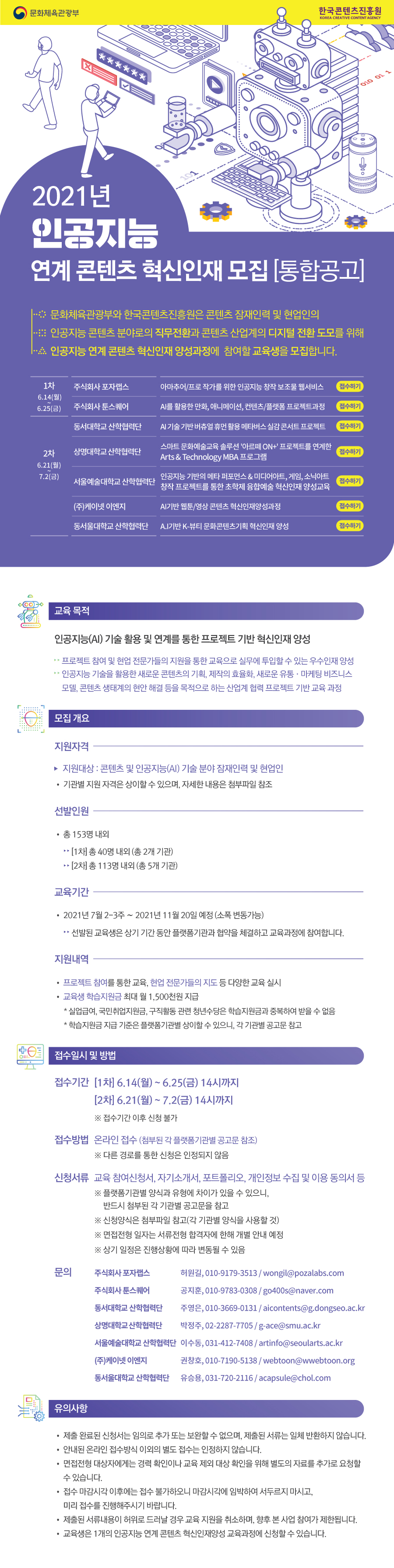 문화체육관광부 로고 | 한국콘텐츠진흥원 KOREA CREATIVE CONTENT AGENCY 로고 | 2021년 인지 연계 콘텐츠 창의인재 모집 [통합공고] | 문화체육관광부와 한국콘텐츠진흥원은 콘텐츠 잠재인력 및 현업인의 인공지능 콘텐츠 분야로의 직무전환과 콘텐츠 산업계의 디지털 전환 도모를 위해 인공지능 연계 콘텐츠 창의인재양성사업의 교육생을 모집합니다. | [1차 / 6.14(월) ~ 6.25(금)] 주식회사 포자랩스 / 아마추어/프로 작가를 위한 인공지능 창작 보조물 웹서비스 / 접수하기 | 주식회사 툰스퀘어 / AI를 활용한 만화, 애니메이션, 컨텐츠플랫폼 프로젝트 과정 / 접수하기 | [2차 / 6.21(월) ~ 7.2(금)] 동서대학교 산학협력단 / AI기술 기반 버츄얼 휴먼활용 메타버스 실감콘서트 프로젝트 / 접수하기 | 상명대학교 산학협력단 / 스마트 문화예술교육 솔루션 '아르떼 ON+' 프로젝트를 연계한 Arts & Technology MBA 프로그램 / 접수하기 | 서울예술대학교 산학협력단 / 인공지능 기반의 메타 퍼포먼스 & 미디어아트, 게임, 소닉아트 창작 프로젝트를 통한 초학제 융합예술 혁신인재 양성교육 / 접수하기 | (주)케이넷 이엔지 / AI기반 웹툰/영상 콘텐츠 혁신인재양성과정 | 동서울대학교 산학협력단 / A.I기반 K-뷰티 문화콘텐츠기획 혁신인재 양성 / 접수하기 | [교육 목적] 인공지능(AI) 기술 활용 및 연계를 통한 프로젝트 기반 창의인재 양성 / 프로젝트 참여 및 현업 전문가들의 지원을 통한 교육으로 실무에 투입할 수 있는 우수인재 양성 / 인공지능 기술을 활용한 새로운 콘텐츠의 기획, 제작의 효율화, 새로운 유통 · 마케팅 비즈니스 모델, 콘텐츠 생태계의 현안 해결 등을 목적으로 하는 산업계 협력 프로젝트 기반 교육 과정 | [모집 개요] 지원자격 / 지원대상 : 콘텐츠 및 인공지능(AI) 기술 분야 잠재인력 및 현업인 / • 기관별 지원 자격은 상이할 수 있으며, 자세한 내용은 첨부파일 참조 | 선발인원 / [1차 총 40명 내외 (총 2개 기관) / 2차 총 113명 내외 (총 5개 기관) / 교육기간 : • 2021년 7월 2-3주 ~ 2021년 11월 20일 예정 (소폭 변동가능) / 선발된 교육생은 상기 기간 동안 플랫폼기관과 협약을 체결하고 교육과정에 참여합니다. | [지원내역] • 프로젝트 참여를 통한 교육, 현업 전문가들의 지도 등 다양한 교육 실시 / • 교육생 학습지원금 최대 월 1,500천원 지급 / * 실업급여, 국민취업지원금, 구직활동 관련 청년수당은 학습지원금과 중복하여 받을 수 없음 / * 학습지원금 지급 기준은 플랫폼기관별 상이할 수 있으니, 각 기관별 공고문 참고 | [접수일시 및 방법] 접수기간 : [1차] 6.14(월) ~ 6.25(금) 14시까지 / [2차] 6.21(월) ~ 7.2(금) 14시까지 ※ 접수기간 이후 신청 불가 | 접수방법 : 온라인 접수 (첨부된 각 플랫폼기관별 공고문 참조) ※ 다른 경로를 통한 신청은 인정되지 않음 | 신청서류 : 교육 참여신청서, 자기소개서, 포트폴리오, 개인정보 수집 및 이용 동의서 등 / ※ 플랫폼기관별 양식과 유형에 차이가 있을 수 있으니, 반드시 첨부된 각 기관별 공고문을 참고 / ※ 신청양식은 첨부파일 참고(각 기관별 양식을 사용할 것) / ※ 면접전형 일자는 서류전형 합격자에 한해 개별 안내 예정 / ※ 상기 일정은 진행상황에 따라 변동될 수 있음 | 문의 : 주식회사 포자랩스 허원길, 010-9179-3513 / wongil@pozalabs.com / 주식회사 툰스퀘어 공지훈, 010-9783-0308 / go400s@naver.com / 동서대학교 산학협력단 주영은, 010-3669-0131 / aicontents@g.dongseo.ac.kr / 상명대학교 산학협력단 박정주, 02-2287-7705 / g-ace@smu.ac.kr / 서울예술대학교 산학협력단 이수동, 031-412-7408 / artinfo@seoularts.ac.kr. / (주)케이넷이엔지 권창호, 010-7190-5138 / webtoon@wwebtoon.org / 동서울대학교 산학협력단 유승용, 031-720-2116 / acapsule@chol.com | [유의사항] • 제출 완료된 신청서는 임의로 추가 또는 보완할 수 없으며, 제출된 서류는 일체 반환하지 않습니다. / • 안내된 온라인 접수방식 이외의 별도 접수는 인정하지 않습니다. / • 면접전형 대상자에게는 경력 확인이나 교육 제외 대상 확인을 위해 별도의 자료를 추가로 요청할 수 있습니다. / • 접수 마감시각 이후에는 접수 불가하오니 마감시각에 임박하여 서두르지 마시고, 미리 접수를 진행해주시기 바랍니다. / • 제출된 서류내용이 허위로 드러날 경우 교육 지원을 취소하며, 향후 본 사업 참여가 제한됩니다. / • 교육생은 1개의 인공지능 연계 콘텐츠 혁신인재양성 교육과정에 신청할 수 있습니다.