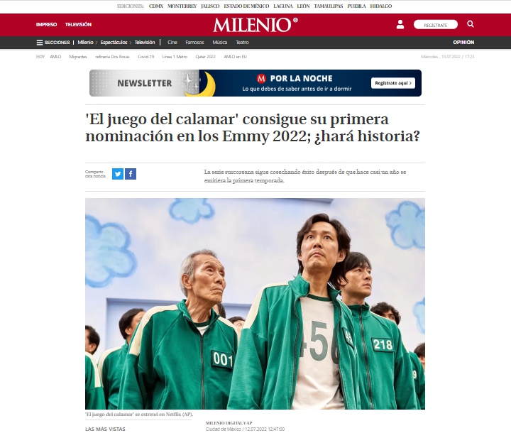 '비영어권에서 에미상 후보에 오른 '오징어 게임'이 역사가 될 것인가?'라는 내용의 기사 - 출처: milenio.com