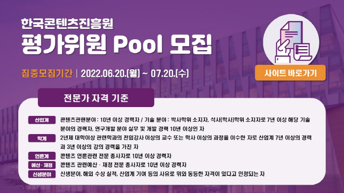 한국콘텐츠진흥원 평가위원 Pool 모집 | 집중모집기간 : 2022.06.20(월) ~ 07.20.(수) | [전문가 자격기준] ㅇ 산업계 - 콘텐츠관련분야 : 10년 이상 경력자 / - 기술 분야 : 박사학위 소지자, 석사(학사)학위 소지자로 7년 이상 해당 기술 ㅇ 학계 : 2년제 대학이상 관련학과의 전임강사 이상의 교수 또는 학사 이상의 과정을 이수한 자로 산업계 7년 이상의 경력과 3년 이상의 강의 경력을 가진 자 ㅇ 언론계 : 콘텐츠 언론관련 전문 종사자로 10년 이상 경력자 ㅇ 예산·재정 전문 종사자로 10년 이상 경력자 ㅇ 신생분야 : 신생분야, 해외 수상 실적, 산업계 기여 등의 사유로 위와 동등한 자격이 있다고 인정되는 자 | 사이트 바로가기 버튼