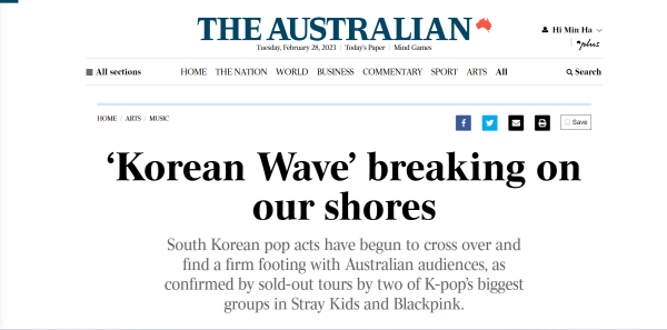 'Korean Wave' breaking on our shores'라는 제목의 한류 관련 현지 보도 - 출처: 'The Australian'
