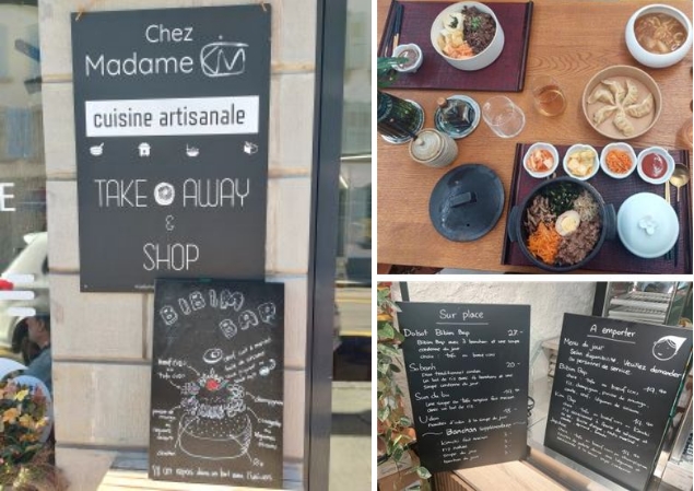 한식 레스토랑 '쉐 마담 김'의 한글 메뉴로 적은 메뉴판과 가장 인기 있는 메뉴인 돌솥비빔밥, 불고기 정식 - 출처: 통신원 촬영