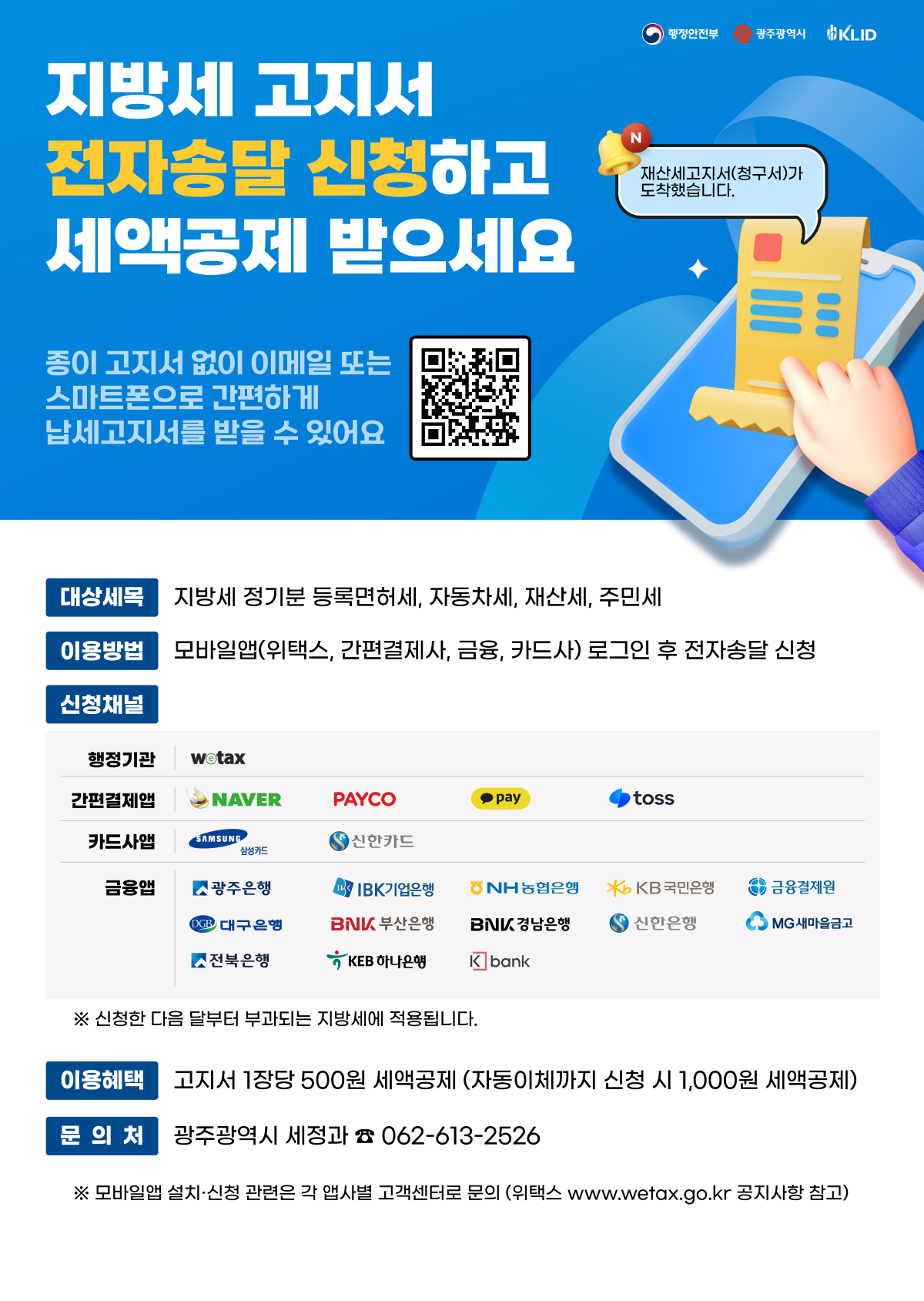 행정안전부, 광주광역시, KLID | 지방세 고지서 전자송달 신청하고 세액공제 받으세요. 종이 고지서 없이 이메일 또는 스마트폰으로 간편하게 납세고지서를 받을 수 있어요. ㅇ대상세목: 지방세 정기분 등록면허세, 자동차세, 재산세, 주민세 ㅇ이용방법: 모바일앱(위택스, 간편결제사, 금융, 카드사) 로그인 후 전자송달 ㅇ신청채널 •행정기관: wetax. •간편결제앱: NAVER, PAYCO, 카카오pay, toss. •카드사앱: SAMSUNG 삼성카드, 신한카드. •금융앱: 광주은행, 기업은행, 농협은행, 국민은행, 금융결제원, 대구은행, 부산은행, 경남은행, 신한은행, 새마을금고, 전북은행, 하나은행, K bank. ※신청한 다음 달부터 부과되는 지방세에 적용됩니다. ㅇ이용혜택: 고지서 1장당 500원 세액공제 (자동이체까지 신청 시 1,000원 세액공제) ㅇ문의처: 광주광역시 세정과 062-613-2526 ※모바일앱 설치·신청 관련은 각 앱사별 고객센터로 문의 (위택스 www.wetax.go.kr 공지사항 참고)
