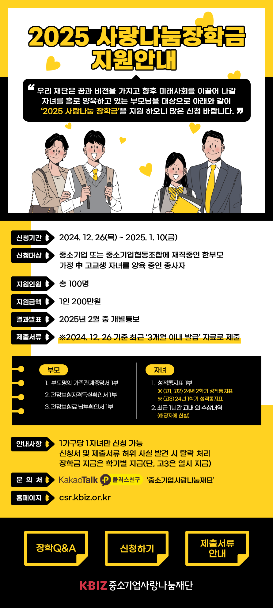 2025 사랑나눔장학금 지원안내. 우리 재단은 꿈과 비전을 가지고 향후 미래사회를 이끌어 나갈 자녀를 홀로 양육하고 있는 부모님을 대상으로 아래와 같이 '2025 사랑나눔 장학금'을 지원 하오니 많은 신청 바랍니다. ㅇ신청기간: 2024. 12. 26(목)~ 2025. 1. 10(금) ㅇ신청대상: 중소기업 또는 중소기업협동조합에 재직중인 한부모 가정 中 고교생 자녀를 양육 중인 종사자 ㅇ지원인원: 총 100명 ㅇ지원금액: 1인 200만원 ㅇ결과발표: 2025년 2월 중 개별통보 ㅇ제출서류 : ※2024. 12. 26 기준 최근 '3개월 이내 발급' 자료로 제출 •부모 1.부모명의 가족관계증명서 1부 2.건강보험자격득실확인서 1부 3.건강보험료 납부확인서 1부 •자녀 1.성적통지표 1부 ※(고1, 고2) 24년 2학기 성적통지표 ※(고3) 24년 1학기 성적통지표 2.최근 1년간 교내외 수상내역(해당자에 한함) ㅇ안내사항: 1가구당 1자녀만 신청 가능. 신청서 및 제출서류 허위 사실 발견 시 탈락 처리 장학금 지급은 학기별 지급(단, 고3은 일시지급) ㅇ문의처: KakaoTalkP 플러스친구 '중소기업사랑나눔재단 ㅇ홈페이지: csr.kbiz.or.kr | 장학Q＆A, 신청하기, 제출서류안내 는 하단 링크 참조. | KBIZ 중소기업사랑나눔재단