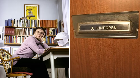 (좌)자택에서 포즈를 취하고 있는 아스트리드 린드그렌, (우) 아스트리드 린드그렌 자택 문의 이름표 - 출처: 'SVT'