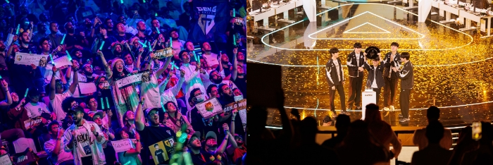 (좌)리야드 팬들의 응원 현장, (우)젠지의 시상식 세리머니 - 출처: EWC 2025