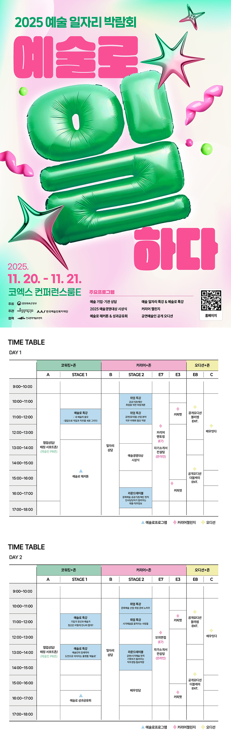 2025 예술일자리 박람회 예술로 일하다. 2025.11. 20. - 11. 21. 코엑스 컨퍼런스룸E. 주최: 문화체육관광부. 주관: 예술경영지원센터, 한국예술인복지재단. 협력: 한국문화예술위원회. 주요프로그램: 예술 기업·기관 상담, 예술 일자리 특강 & 예술로 특강, 2025 예술경영대상 시상식, 커리어 챌린지, 예술로 해커톤 & 성과공유회, 공연예술인 공개 오디션. qr코드: 홈페이지로 연결되는 qr코드(https://artjobfair.kr/). TIME TABLE DAY 1 · 코워킹+존 - A : 협업상담/매칭 서포트존/(예술인 PR존) : 10:00~17:00 - STAGE 1 : 예술로 특강 내 예술의 쓸모, 협업으로 작업과 직무를 새로 그리다. : 11:00~12:00, 예술로프로그램 : 예술로 해커톤: 13:00~18:00. · 커리어+존 - B : 일자리 상담 : 10:00~18:00 - STAGE 2 : 취업 특강(공공기관/재단, 취업을 위한 취업개론) : 10:00~11:00, 취업 특강(공연(뮤지컬) 산업 분야 직무 이해와 필요 역량) : 11:00~12:00, 예술경영대상 시상식 : 13:00~15:00, 라운드테이블(문화예술 공공기관/재단 현직 인사담당자가 알려주는 채용직무정보) : 16:00~17:30. - E7 : 커리어챌린지 : 커리어 멘토링(E7), 자기소개서 컨설팅(온라인) : 11:00~17:00. - E3 : 커리어챌린지 : 커피챗 : 10:30~12:00, 커피챗 : 15:30~17:00. · 오디션+존 - E8 : 오디션 : 공개오디션 블러썸 ENT. : 10:00~13:00, 오디션 : 공개오디션 더블케이 ENT. : 14:00~17:00 - C : 오디션 : 배우잇다 : 10:00~15:00 TIME TABLE DAY 2 · 코워킹+존 - A : 협업상담/매칭 서포트존/(예술인 PR존) : 10:00~17:00 - STAGE 1 : 예술로 특강 기업가정신과 예술가 정신은 어떻게 만나야 할까? : 11:00~12:00, 예술로 특강 예술인의 잠재력이 도전으로 이어지는 플랫폼 '예술로' : 13:00~14:00, 예술로 프로그램 : 예술로 성과공유회 : 16:00~17:00. · 커리어+존 - B : 일자리 상담 : 10:00~18:00. - STAGE 2 : 취업 특강 문화예술산업 취업준비 노하우 : 10:00~11:00, 취업 특강 시각예술을 움직이는 사람들 : 11:00~12:00, 라운드테이블 공연/시각예술 현직 기획자가 들려주는 직무경험 필요역량 : 13:00~15:00, 배우잇담 : 15:00~17:00. - E7 : 커리어챌린지 : 모의면접(E7), 자기소개서컨설팅(온라인) : 10:00~17:00. - E3 : 커리어챌린지 : 커피챗 : 11:00~12:00, 커피챗 : 15:30~17:00. · 오디션+존 - E8 : 오디션 : 공개오디션 블러썸 ENT. : 10:00~13:00, 오디션 : 공개오디션 더블케이 ENT. : 14:00~17:00 - C : 오디션 : 배우잇다 : 10:00~15:00