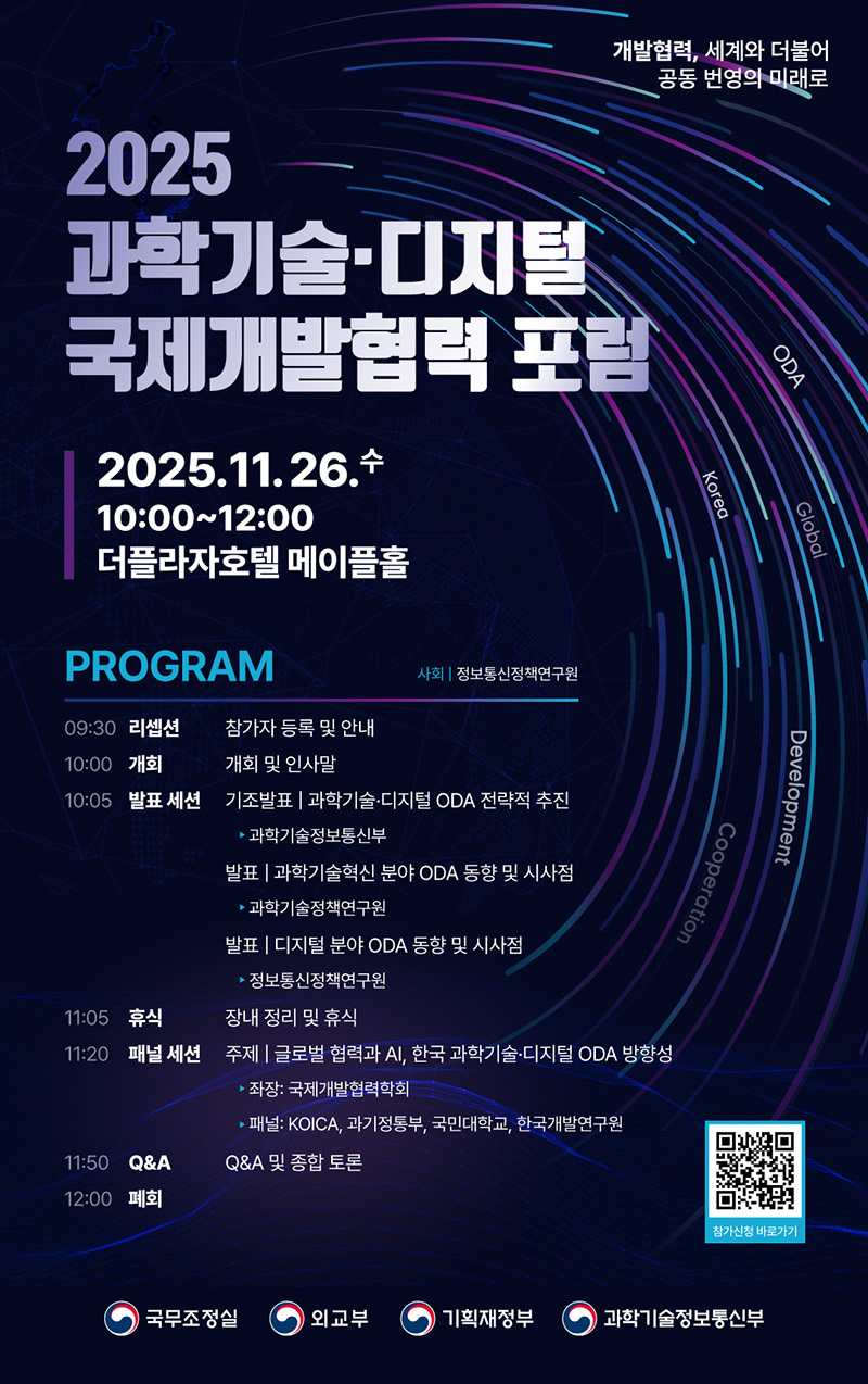 개발협력, 세계와 더불어 공동 번영의 미래로. 2025 과학기술·디지털 국제개발협력 포럼. 2025.11.26.수 10:00~12:00. 더플라자호텔 메이플홀. PROGRAM 사회: 정보통신정책연구원. 09:30: 리셉션 - 참가자 등록 및 안내. 10:00: 개회 - 개회 및 인사말. 10:05: 발표 세션 - 기조발표 | 과학기술·디지털 ODA 전략적 추진 - 과학기술정보통신부, 발표 | 과학기술혁신 분야 ODA 동향 및 시사점 - 과학기술정책연구원. 발표 | 디지털 분야 ODA 동향 및 시사점 - 정보통신정책연구원. 11:05: 휴식 - 장내 정리 및 휴식. 11:20: 패널 세션 - 주제 | 글로벌 협력과 AI, 한국 과학기술·디지털 ODA 방향성 - 좌장: 국제개발협력학회, 패널: KOICA, 과기정통부, 국민대학교, 한국개발연구원. 11:50: Q&A - Q&A 및 종합토론. 12:00: 폐회 참가신청 바로가기 qr코드: 참가신청 페이지로 연결되는 qr코드(https://event-us.kr/msitoda/event/115872). 국무조정실 로고, 외교부 로고, 기획재정부 로고, 과학기술정보통신부 로고.