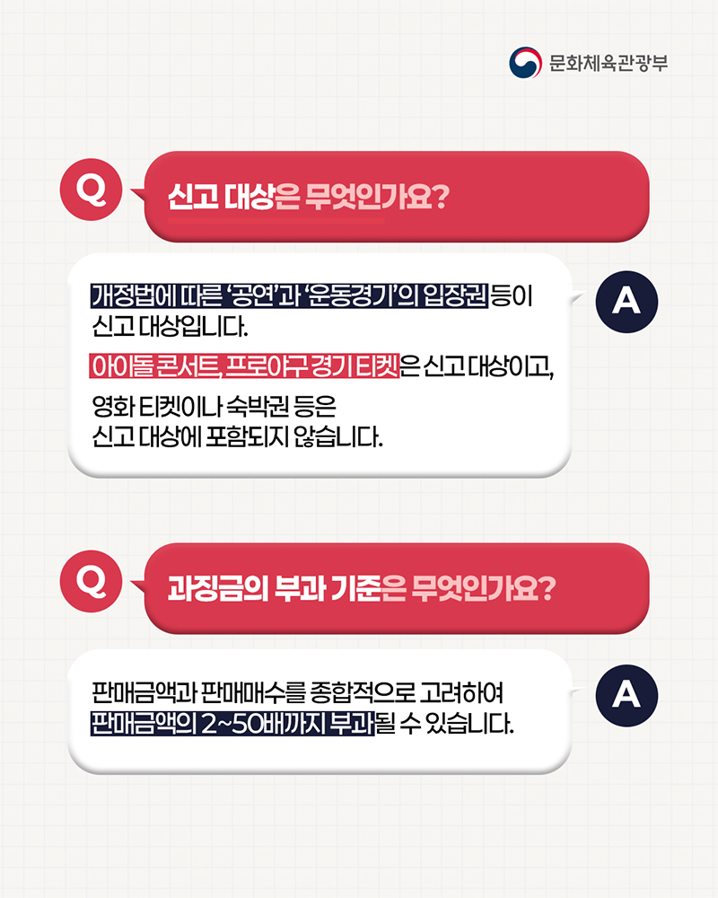 (로고)문화체육관광부 |  질문: 신고대상은 무엇인가요? / 답변: 개정법에 따른 '공연'과 '운동경기'의 입장권등이 신고대상입니다. 아이돌콘서트, 프로야구 경기 티켓은 신고 대상이고, 영화 티켓이나 숙박권 등은 신고 대상에 포함되지 않습니다. | 질문: 과징금 부과기준은 무엇인가요? / 답변: 판매금액과 판매매수를 종합적으로 고려하여 판매금액의 2~50배까지 부과될 수 있습니다.