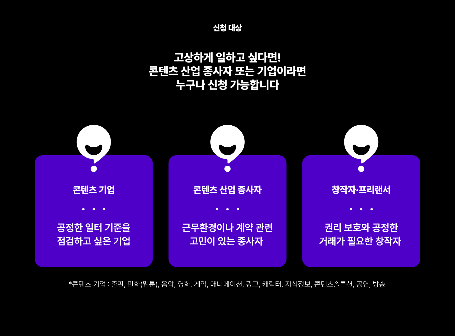신청 대상. 고상하게 일하고 싶다면! 콘텐츠 산업 종사자 또는 기업이라면 누구나 신청 가능합니다. 콘텐츠 기업. 공정한 일터 기준을 점검하고 싶은 기업. 콘텐츠 산업 종사자. 근무환경이나 계약 관련 고민이 있는 종사자. 창작자·프리랜서. 권리 보호와 공정한 거래가 필요한 창작자. 콘텐츠 기업: 출판, 만화·웹툰, 음악, 영화, 게임, 애니메이션, 광고, 캐릭터, 지식정보, 콘텐츠솔루션, 공연, 방송.