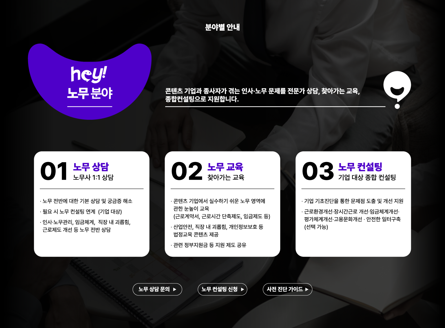 분야별 안내. 노무 분야. 콘텐츠 기업과 종사자가 겪는 인사·노무 문제를 전문가 상담, 찾아가는 교육, 종합컨설팅으로 지원합니다. 01 노무 상담, 노무사 1대1 상담. 노무 전반에 대한 기본 상담 및 궁금증 해소. 필요 시 노무 컨설팅 연계, 기업 대상. 인사·노무관리, 임금체계, 직장 내 괴롭힘, 근로제도 개선 등 노무 전반 상담. 02 노무 교육, 찾아가는 교육. 콘텐츠 기업에서 실수하기 쉬운 노무 영역에 관한 눈높이 교육, 근로계약서, 근로시간 단축제도, 임금제도 등. 산업안전, 직장 내 괴롭힘, 개인정보보호 등 법정교육 콘텐츠 제공. 관련 정부지원금 등 지원 제도 공유. 03 노무 컨설팅, 기업 대상 종합 컨설팅. 기업 기초진단을 통한 문제점 도출 및 개선 지원. 근로환경개선, 장시간근로 개선, 임금체계개선, 평가체계개선, 고용문화개선, 안전한 일터구축 중 선택 가능. 노무 상담 문의. 노무 컨설팅 신청. 사전 진단 가이드.