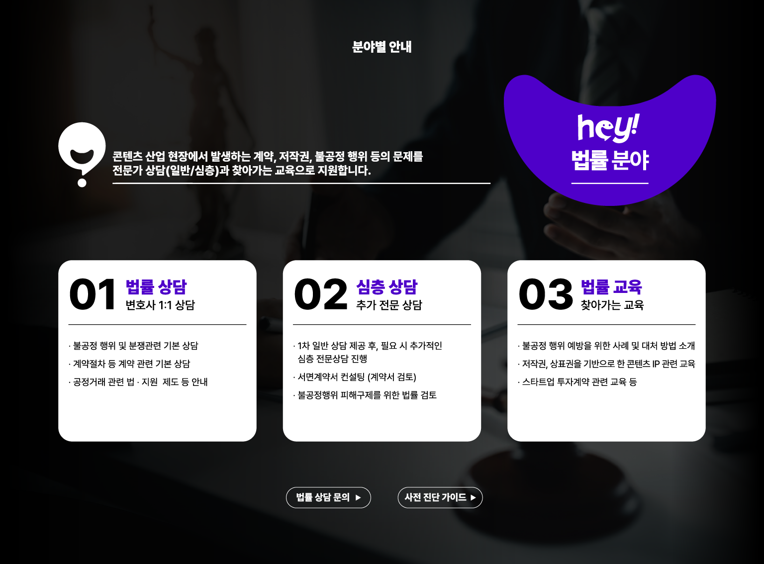 분야별 안내. 법률 분야. 콘텐츠 산업 현장에서 발생하는 계약, 저작권, 불공정 행위 등의 문제를 전문가 상담, 일반 및 심층 상담과 찾아가는 교육으로 지원합니다. 01 법률 상담, 변호사 1대1 상담. 불공정 행위 및 분쟁 관련 기본 상담. 계약절차 등 계약 관련 기본 상담. 공정거래 관련 법과 지원 제도 등 안내. 02 심층 상담, 추가 전문가 상담. 1차 일반 상담 제공 후 필요 시 추가적인 심층 전문상담 진행. 서면계약서 컨설팅, 계약서 검토. 불공정행위 피해구제를 위한 법률 검토. 03 법률 교육, 찾아가는 교육. 불공정 행위 예방을 위한 사례 및 대처 방법 소개. 저작권, 상표권을 기반으로 한 콘텐츠 IP 관련 교육. 스타트업 투자계약 관련 교육 등. 법률 상담 문의. 사전 진단 가이드.