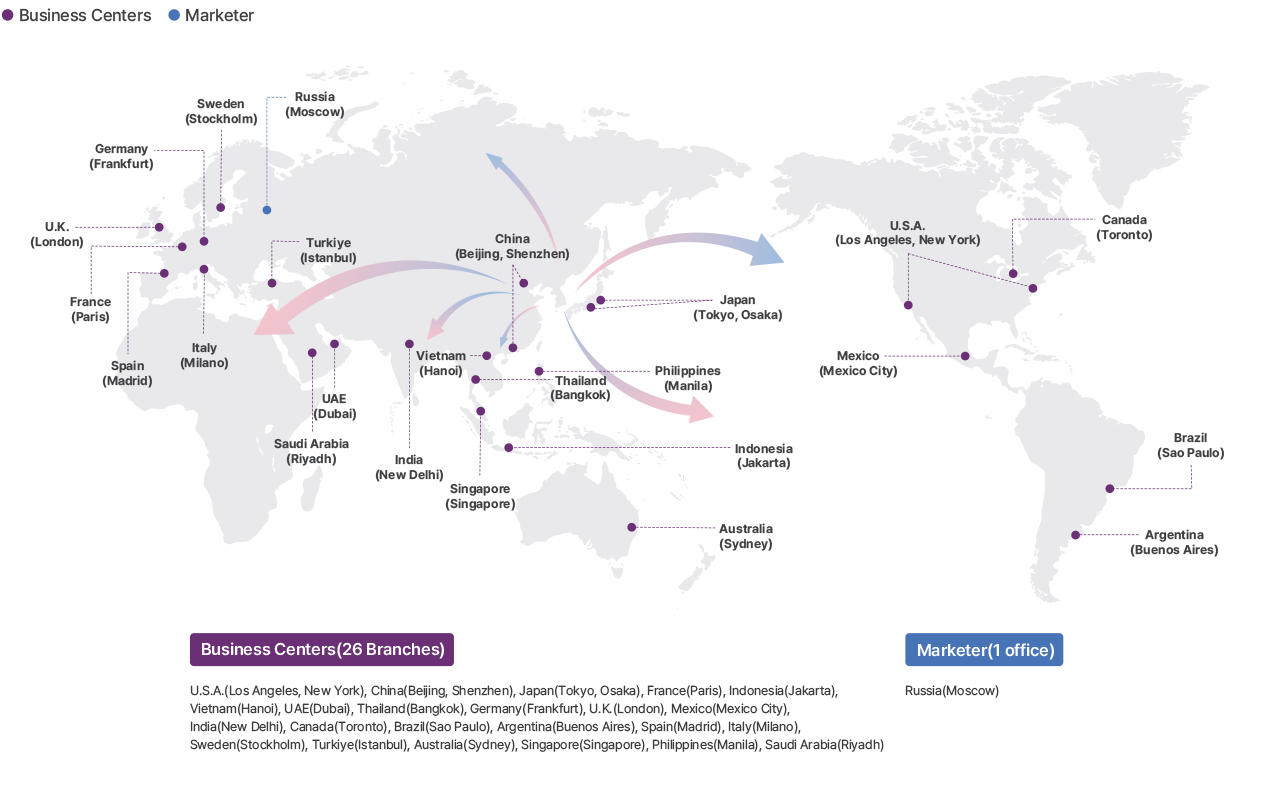 Business Centers(26 Branches) : U.S.A.(Los Angeles, New York), China(Beijing, Shenzhen), Japan(Tokyo, Osaka), France(Paris), Indonesia(Jakarta), Vietnam(Hanoi), UAE(Dubai), Thailand(Bangkok), Germany(Frankfurt), U.K.(London), Mexico(Mexico City), India(New Delhi), Canada(Toronto), Brazil(Sao Paulo), Argentina(Buenos Aires), Spain(Madrid), Italy(Milano), Sweden(Stockholm), Turkiye(Istanbul), Australia(Sydney), Singapore(Singapore), Philippines(Manila), Saudi Arabia(Riyadh) / Marketer(1 office) : Russia(Moscow)