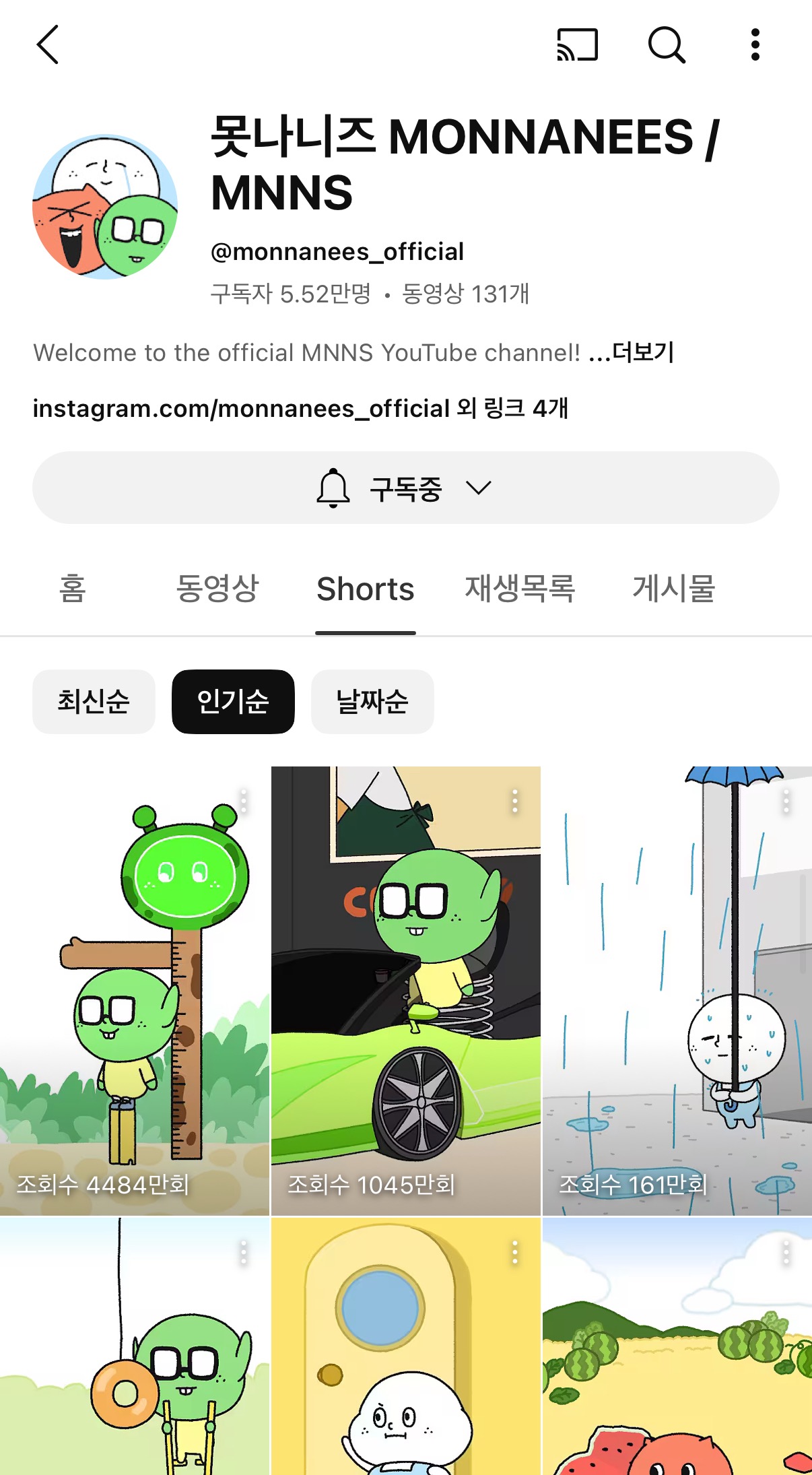 못나니즈 인기 영상 조회수 Ⓒ못나니즈 유튜브